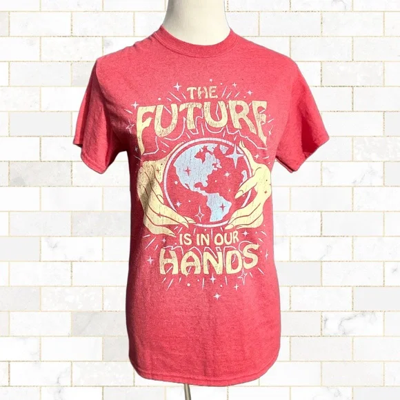 The Future is in Our Hands Red Screen Print T Shirt - Picture 1 of 8